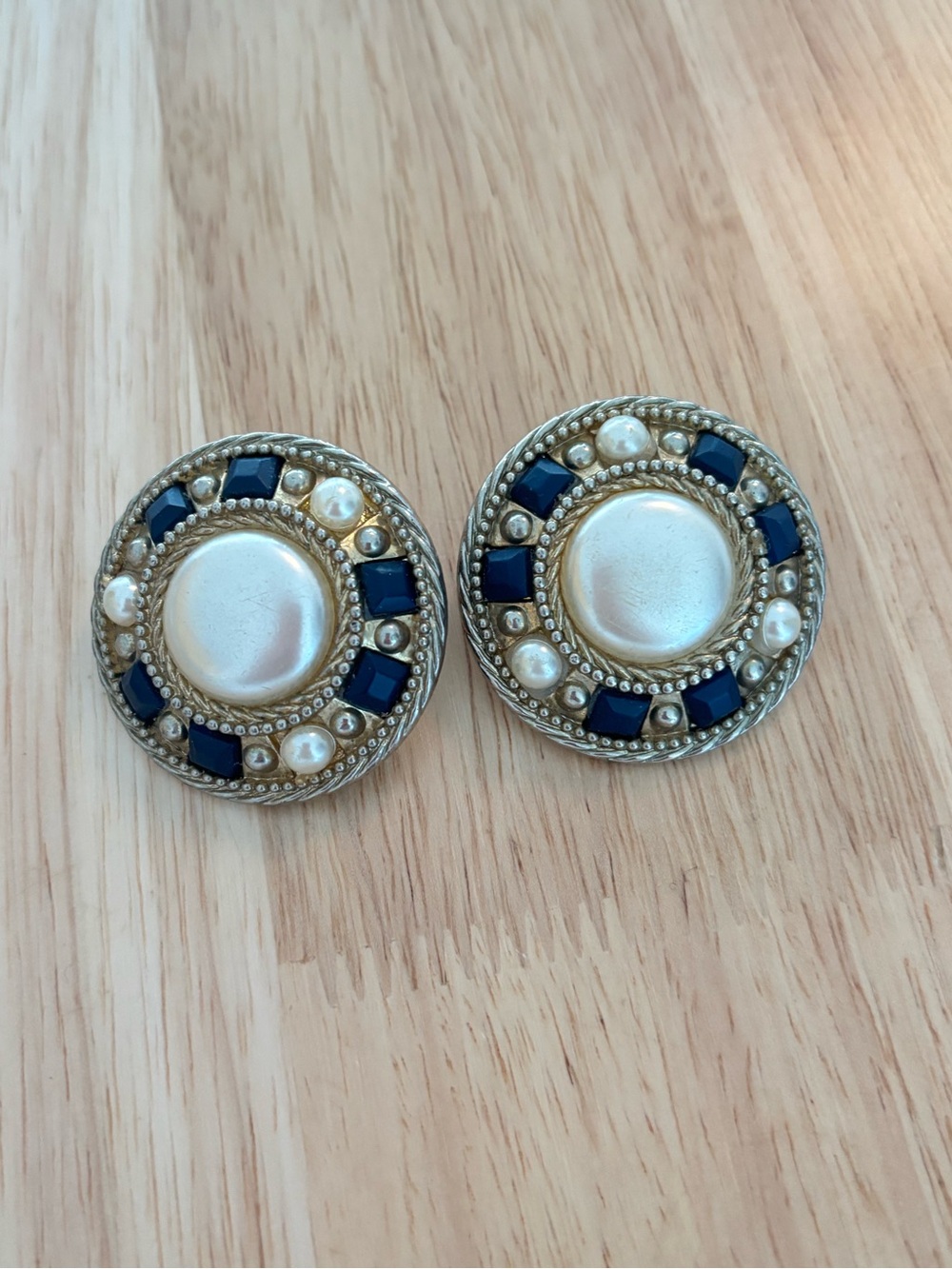 Gold-Tone Pearl & Navy Statement Clip-On Earrings